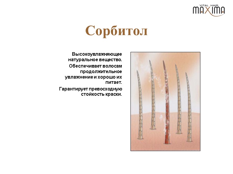 Сорбитол Высокоувлажняющее натуральное вещество.  Обеспечивает волосам продолжительное увлажнение и хорошо их питает. 